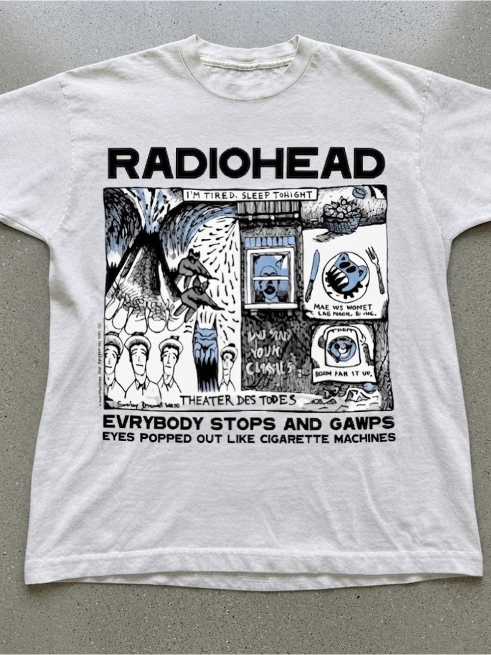 Radiohead Graphic Band Tee - White with Black & Blue Print Gildan T-shirt